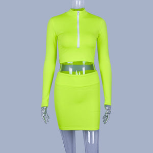 Neon Green Two Piece Skirt Set Women Zipper Collar Long Sleeve Crop Top and High Waisted Mini Skirt Club Wear 2 Piece Outfits