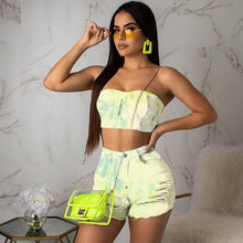 Load image into Gallery viewer, Sexy Tie Dye Denim Two Piece Set Women Strapless Tops and Hole Jeans Shorts Female Summer Matching Set Outfits Clubwear Female