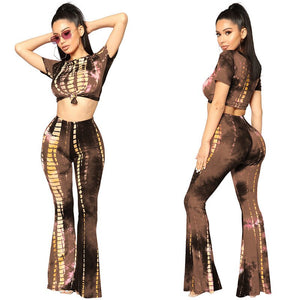 Women Tracksuit Fashion Tie Dye Two Piece Set Sexy O-Neck Short Sleeve Crop Top and Flare Pants Casual Track Suit Sportwear