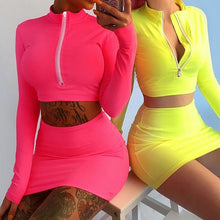 Load image into Gallery viewer, Neon Green Two Piece Skirt Set Women Zipper Collar Long Sleeve Crop Top and High Waisted Mini Skirt Club Wear 2 Piece Outfits