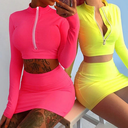 Neon Green Two Piece Skirt Set Women Zipper Collar Long Sleeve Crop Top and High Waisted Mini Skirt Club Wear 2 Piece Outfits