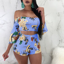 Load image into Gallery viewer, Summer Two Piece Shorts and Top Women Sexy Off the Shoulder Flare Sleeve Crop Tops + Shorts Floral Print Beach Wear Shorts Suit