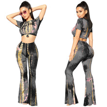 Load image into Gallery viewer, Women Tracksuit Fashion Tie Dye Two Piece Set Sexy O-Neck Short Sleeve Crop Top and Flare Pants Casual Track Suit Sportwear