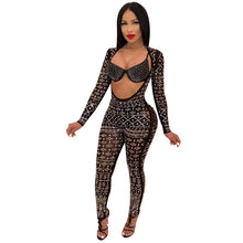 Load image into Gallery viewer, Sheer Mesh Sexy Black Rhinestone Jumpsuit Women Long Sleeve Open Front Skinny Full Bodysuits Pants Romper Club Party Jumpsuits