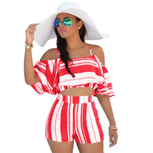 Load image into Gallery viewer, Sexy Summer Two Piece Set Women Striped Print Off Shoulder Crop Top and Shorts Suits Ruffles Bohemian Beachwear Casual Outfits