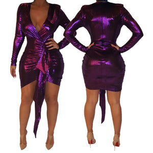 Sexy Glitter Metallic Long Sleeve Bodycon Dress Women V-Neck Ruched Sheath Night Party Wrap Dress Celebrity Club Wear Mini Dress