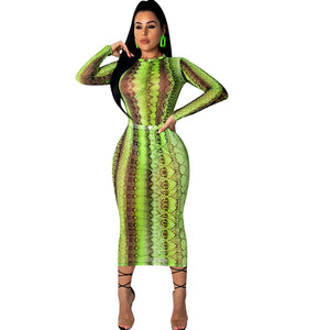 Party Club Dress Summer Sexy Sheer Bandage Bodycon Dress Long Sleeve Neon Green Snake Print Transparent Mesh Dress