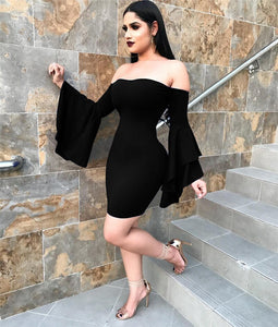 Women Elegant Long Flare Sleeve Sexy Off Shoulder Strapless Dress Sheath Fashion Slim Casual Party Club Bodycon Dress Vestidos