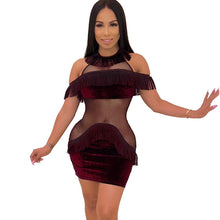 Load image into Gallery viewer, Sexy Mesh See Through Velvet Bodycon Dress Women O-neck Off Shoulder Tassel Elegant Night Club Mini Party Dresses Vestidos