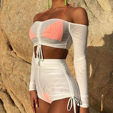 Load image into Gallery viewer, New 2 Piece Set Women Sexy Sheer Mesh Off Shoulder Crop Top and Shorts Set Sweat Suits Summer Beach Club Wear Two Piece Outfits