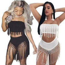 Load image into Gallery viewer, Tassel Two Piece Sets Women&#39;s Costumes Summer Beach Sleeveless Strapless Crop Top and Skirt Two Piece Short Set Clubwear