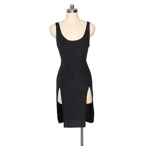 Sexy Black Cut Out Glitter Dress Women Sleeveless Tank High Split Christmas Party Dresses Back Hollow Out Sparkly Bodycon Dress