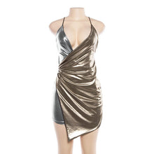 Load image into Gallery viewer, Women Summer Party Dress Sexy Straps Sleeveless Ruched Silver Gold Metallic High Low Bodycon Wrap Dress Mini Night Club Dress