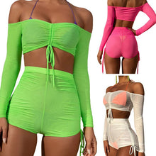 Load image into Gallery viewer, New 2 Piece Set Women Sexy Sheer Mesh Off Shoulder Crop Top and Shorts Set Sweat Suits Summer Beach Club Wear Two Piece Outfits