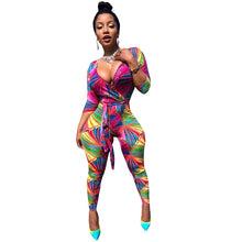 Load image into Gallery viewer, Geometric Print Deep V Neck Sexy Jumpsuit Women Autumn 3/4 Long Sleeve Club Party Playsuits High Waist Bodycon Jumpsuit Sashes