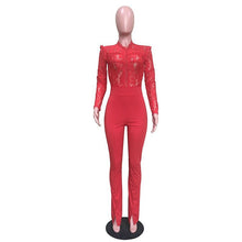 Load image into Gallery viewer, Sexy Red Lace Jumpsuit Women Long Sleeve High Waist See Through Full Bodysuit Long Romper Pants Skinny Elegant Evening Jumpsuits