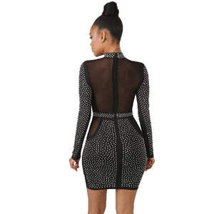 Rhinestone Sexy Bodycon Dress Women Turtleneck Long Sleeve Hollow Out Club Dress Elegant Black Sheer Mesh Sparkly Party Dresses