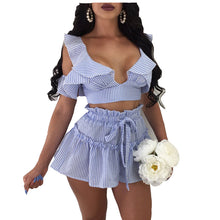 Load image into Gallery viewer, Sexy Cold Shoulder Ruffle Crop Top and Shorts Set Elegant Beach Party Two Piece Sets Striped Short Suit