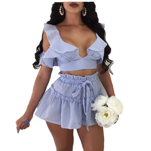 Sexy Cold Shoulder Ruffle Crop Top and Shorts Set Elegant Beach Party Two Piece Sets Striped Short Suit