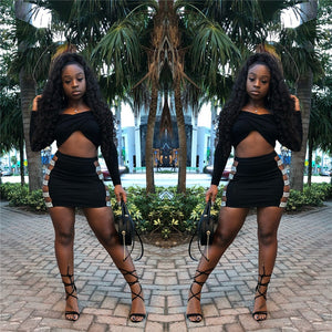 Sexy Black Two Piece Set Women Long Sleeve Ruched Crop Top and Hollow Out Skirt Set Club Bodycon Two Piece Outfits Matching Sets