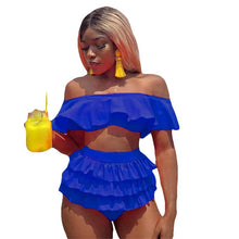 Load image into Gallery viewer, Layered Ruffles 2 Pieces Beach Outfits Summer Women Slash Neck Off the Shoulder Crop Tops and Mini Skirt Set Swim Suit Vacation