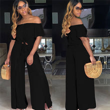 Load image into Gallery viewer, Women Loose 2 Piece Set Off Shoulder Pleat Crop Top and Split Long Pants Wide Leg Jumpsuit Casual Matching 2 Piece Outfits