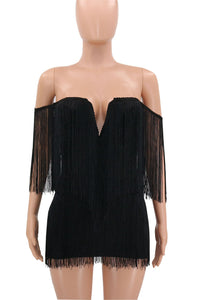 Flapper Tassel Party Dress Women Off The Shoulder Backless Fringe Sexy Little Black Dress Elegant Evening Mini Club Dresses