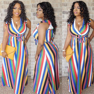 Casual Rainbow Striped Print Long Dresses Women Sleeveless V Neck Sashes Evening Party Dresses Summer Loose Beach Maxi Dress