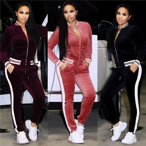 Velvet Tracksuit Women Two Piece Set Zipper Jacket Top and Pants Leisure Suit Sportswear Pink Sweat Suits