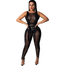 Load image into Gallery viewer, Backless Criss Cross Bandage Jumpsuit Women Mesh Sheer Sleeveless Geometric Sequin Romper Christmas Nightclub Sparkly Overalls