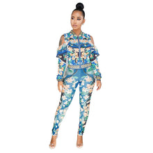 Load image into Gallery viewer, Plus Size Sweat Suits Women Tracksuit Set Cold Shoulder Ruffle Zipper Jacket and Pant Ladies Leisure Suit Floral Two Piece Set