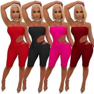 Sexy Cut-Out Strapless Tube Jumpsuit Shorts Playsuits Women Sleeveless Casual Fitness Summer Bodycon Romper Club Party Bodysuits