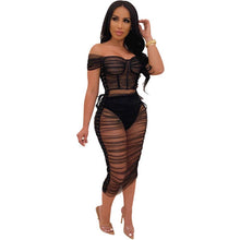 Load image into Gallery viewer, Black Sheer Mesh Sexy Bodycon Dresses Women Summer Lace Up Off Shoulder Ruched Dress Elegant Night Club Birthday Party Dress