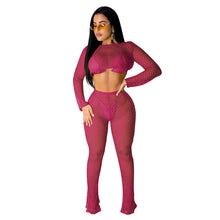 Load image into Gallery viewer, Sexy Club Two Piece Set Women Clothes Mesh Fishnet Hollow Out Crop Top and Pants See Through Summer Beach Matching Set Outfits