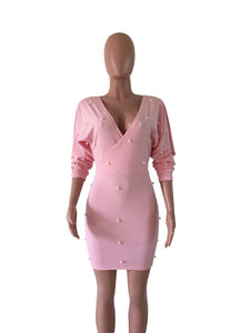 Women Pink Pearl Beading Long Sleeve Bodycon Dress Sexy V-Neck Sheath Slim Ladies Elegant Party Mini Club Dresses Vestidos