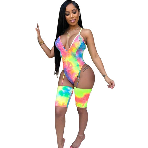 Sexy Summer Beach Jumpsuit Romper Women Short Playsuit Tie Dye Print High Cut Bodysuit Clubwear Summer Clothes Women Overalls