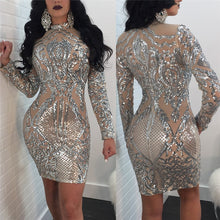 Load image into Gallery viewer, Long Sleeve Women Sequin Dress Autumn Winter Silver Sparkly Bodycon Dress Elegant Sexy Night Club Celebrity Glitter Party Dress