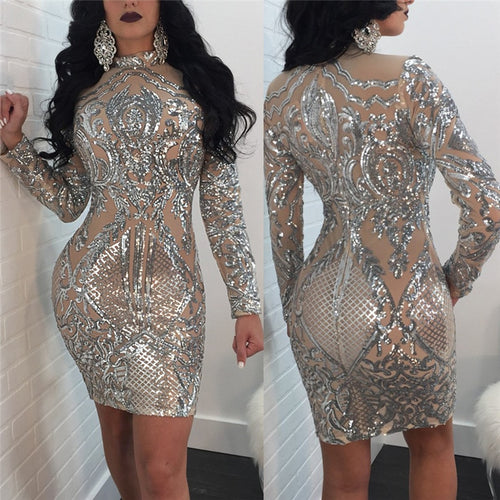 Long Sleeve Women Sequin Dress Autumn Winter Silver Sparkly Bodycon Dress Elegant Sexy Night Club Celebrity Glitter Party Dress