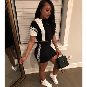 Casual Two Piece Set Tracksuit Women Bodycon 2 Piece Sets Short Sleeve Checkerboard Crop T Shirt Top and Skirt Summer Set