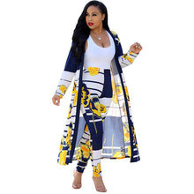 Load image into Gallery viewer, Two Piece Set Top and Pants Women Spring Autumn Long Sleeve X-Long Duster Coat and Pants Print Flower Casual 2 Piece Outfits