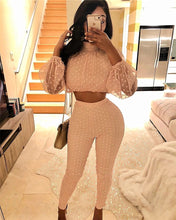 Load image into Gallery viewer, Women Polka Dot White Two Piece Set Sexy Mesh Sheer Lantern Sleeve Crop Top and Zipper Long Pants Suit Clubwear Matching Outfits