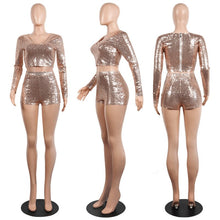 Load image into Gallery viewer, Autumn Long Sleeve Sexy Sequin Two Piece Set Women V Neck Sparkly Crop Top and Shorts Set 2 Piece Party Club Outfits Clothes