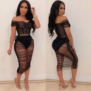 Black Sheer Mesh Sexy Bodycon Dresses Women Summer Lace Up Off Shoulder Ruched Dress Elegant Night Club Birthday Party Dress