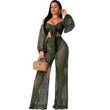 Load image into Gallery viewer, Sexy Fishnet Beach Two Piece Sets Women Mesh Hollow Out Strapless Bow Tie Crop Top and Wide Leg Pant Suits Matching Sets Outfits