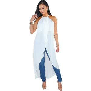 Summer Long Shirt Dress Women Sexy Sleeveless Chiffon Dress Beach Sundresses White Backless Irregular Split Long Party Dress