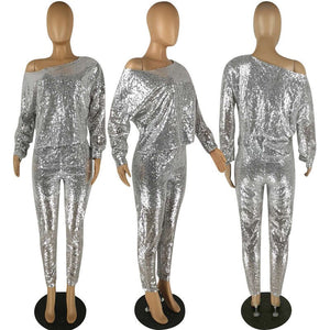 Sexy Silver Sequin Two Piece Sets Women Glitter Crop Top and Skinny Pants 2 Piece Sets Club Party Sparkly Matching Sets Outfits