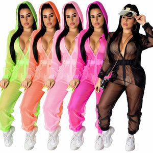 Sexy Sheer Mesh Jumpsuit Women Long Sleeve Zipper Overalls Pant Streetwear Hoodie Loose Casual Rompers Womens Jumpsuit Tracksuit