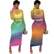 Load image into Gallery viewer, Rainbow Print Bodycon Maxi Dress Women O-neck Mesh See Through Long Sleeve Ankle-length Long Dress Sexy Party Night Club Dresses