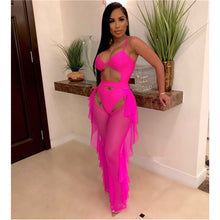 Load image into Gallery viewer, Sexy Two Piece Set Women Summer Beach Club Outfits Sheer Mesh Bodysuit Top Ruffle Pants Set Swimwear Party Matching 2 Piece Set