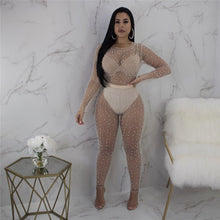 Load image into Gallery viewer, Sexy Black Sheer Jumpsuit Mesh Romper Women Long Sleeve See Through Pearl Beading Nightclub Party Bodycon Jumpsuits Overalls XL